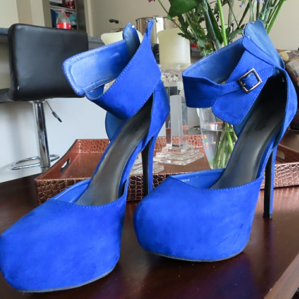 Blue, Suede, Strapped, Platform, High Heels